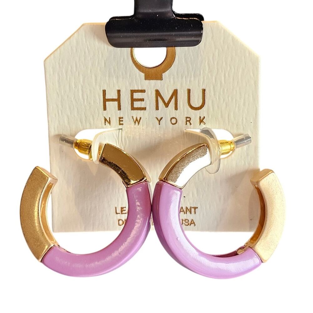 Hoop Earrings Purple, Gold Tone Chunky Acrylic 1.19" HEMU New York w/ Gift Bag